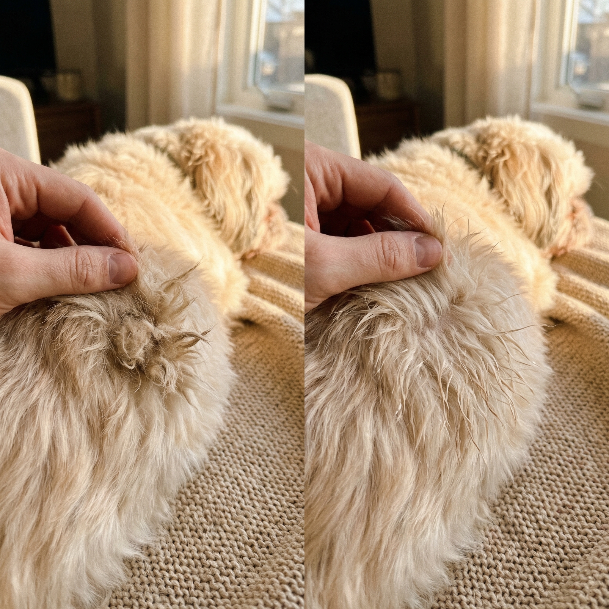 Kołtun przed i po nawilżeniu mgiełką